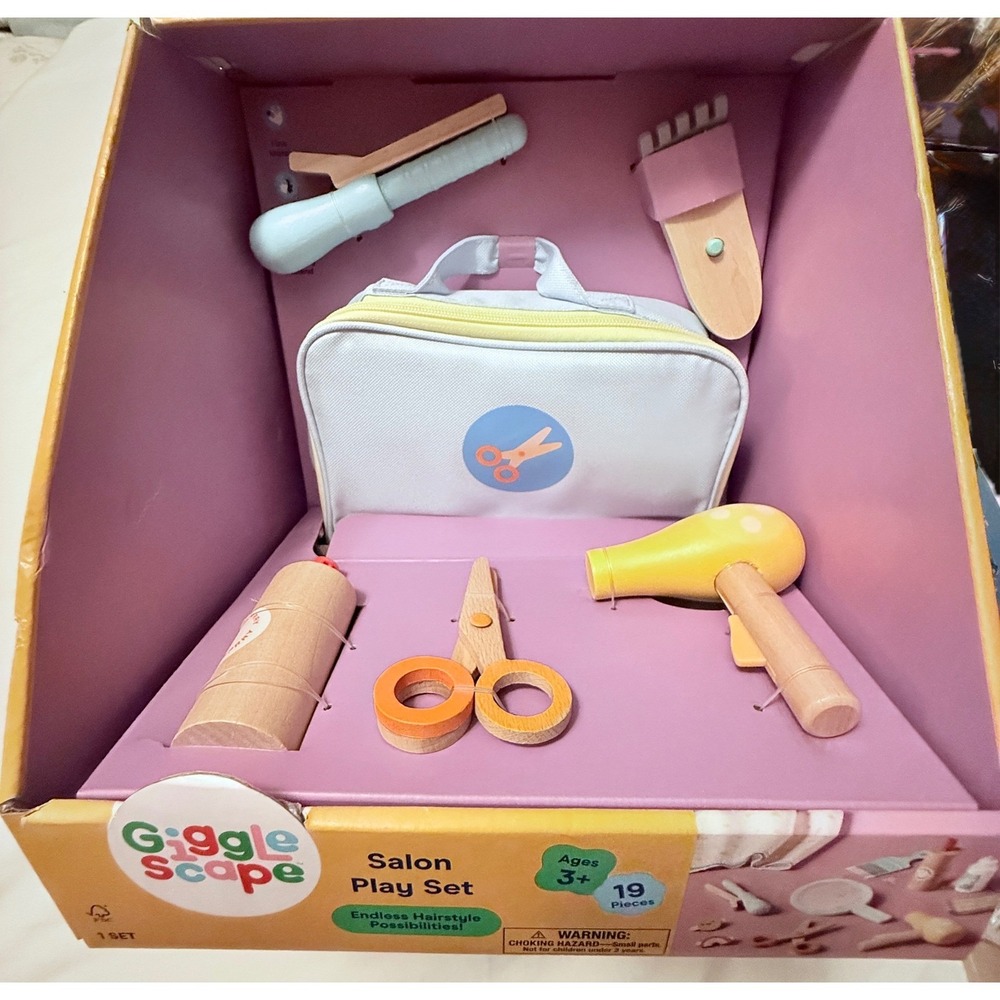 Giggle Scape Salon Play Set Kids 19pc Multicolor New Wooden Pretend Hair Stylist